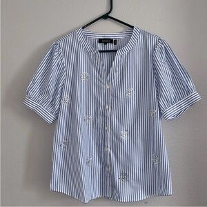 Badgley Mischka Blue White Striped Short Sleeve Blouse Rhinestone Size Medium